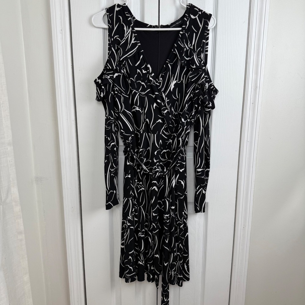 Ivanka‎ Trump Cold Shoulder Wrap Dress Womens Black White Floral Ruffle Stretch